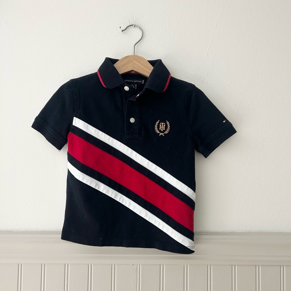 Tommy Hilfiger Boys 2T Kids Navy Red White Stripes Crest Banner Polo Shirt